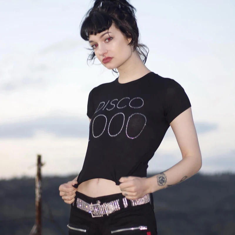 Готическая Черная женская уличная футболка с круглым вырезом и коротким рукавом