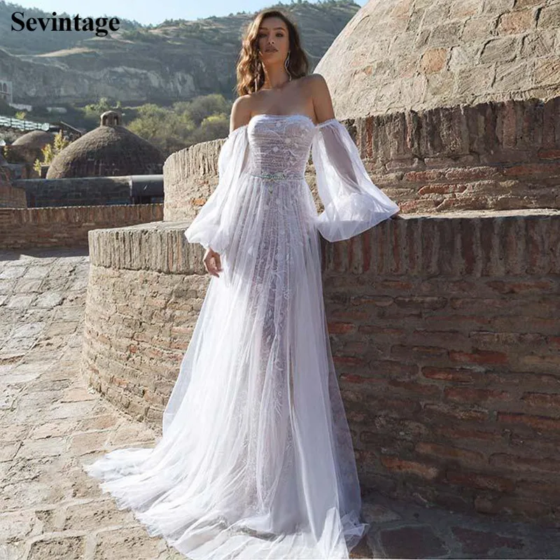 Sevintage Русалка с открытыми плечами кружевное свадебное платье Длинные Пышные