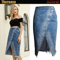 europe and america skirt flash slit sheath denim skirt irregular tassels high waist skirt slit medium length