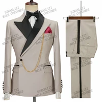 2021 double breasted men suits beige groom tuxedos fashion lapel design groomsmen wedding party blazer 2 pieces jacketpantsbow