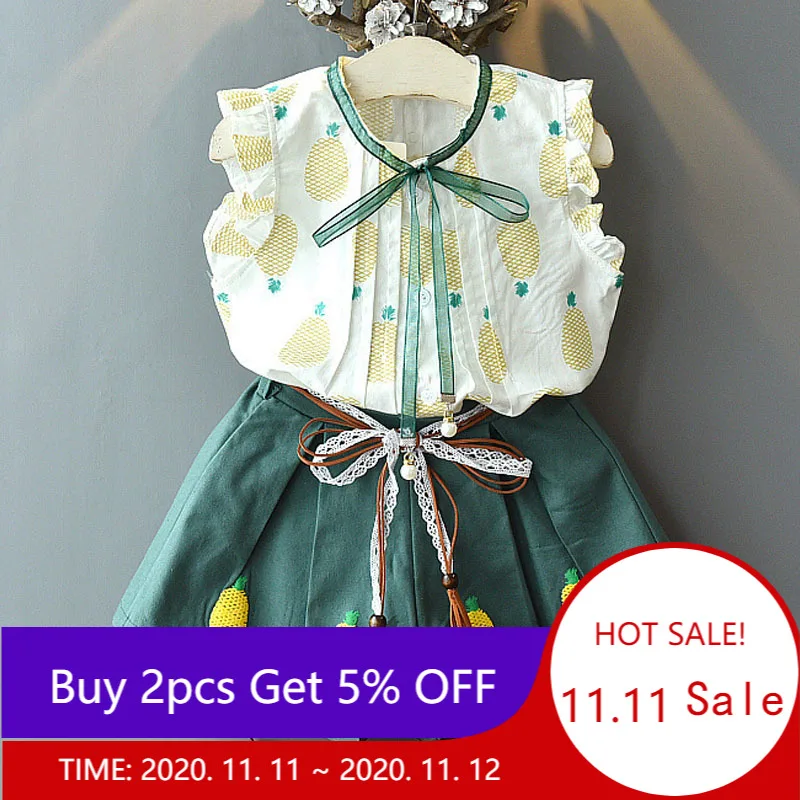 

New Kids Clothing Casual Girl Printed Fruit Set Top + Pants 2 Pack Costume Ribbon Bow Set Toddler Girl Summer Clothes