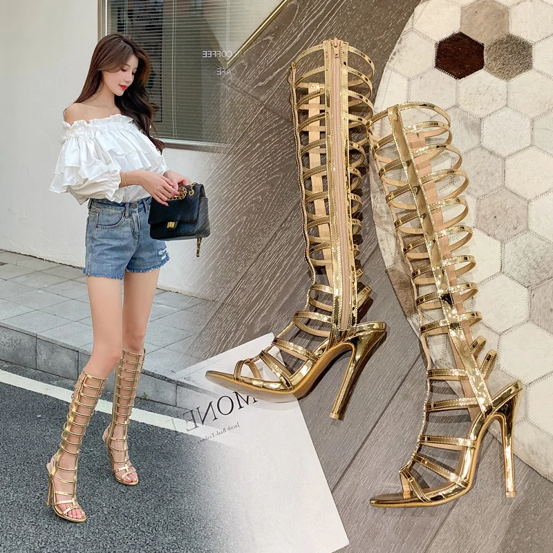 

2021 new women's shoes snake gold ribbon high heel high tube ROMAN SANDALS