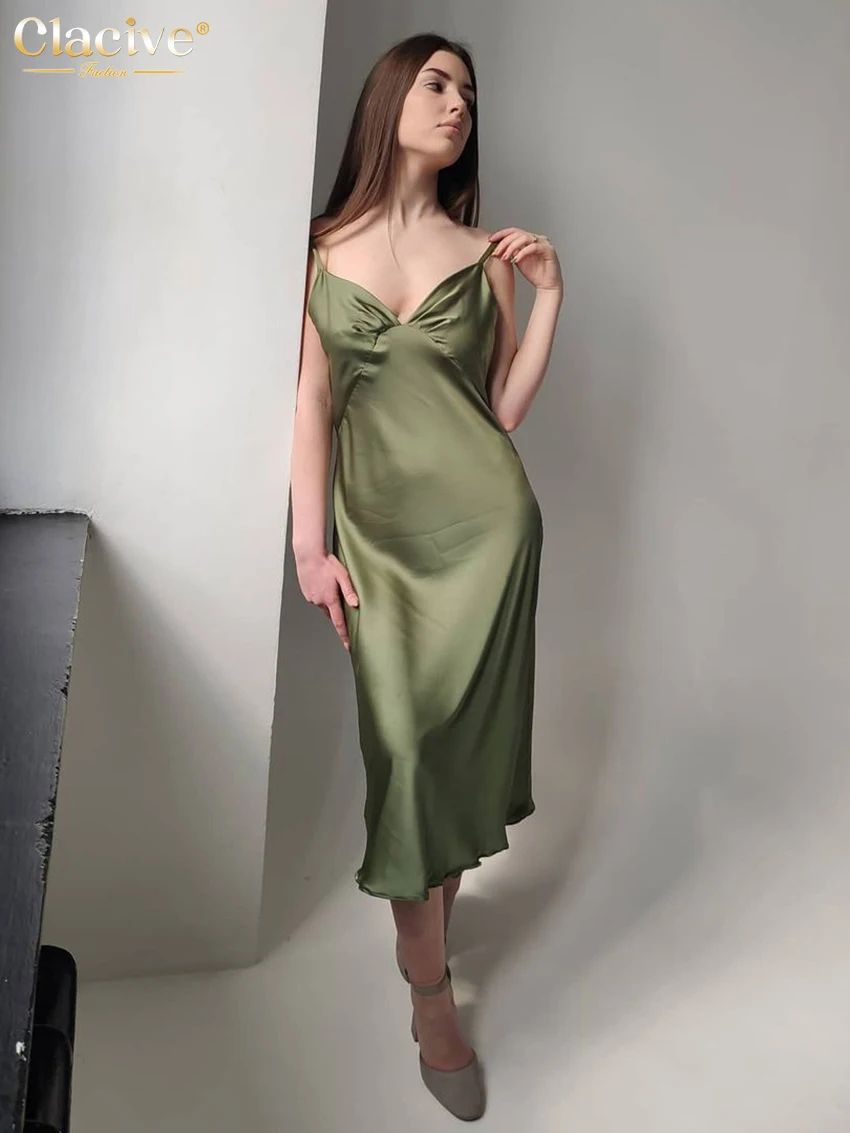 

Clacive Sexy Strap Green Satin Women'S Dress 2022 Summer Bodycon Backless Midi Dress Ladies Elegant Slim Silky Party Dresses