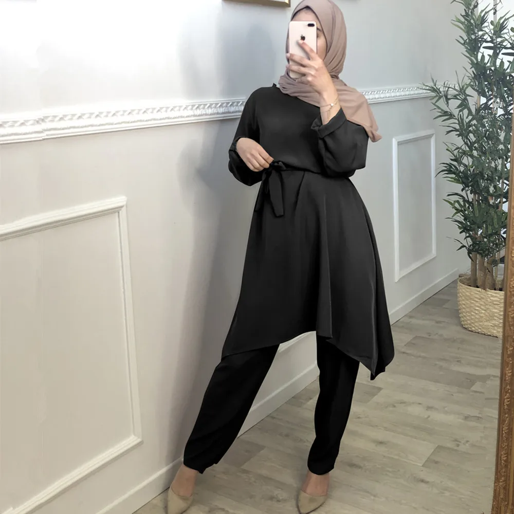 

Turkish 2 Piece Set Women Muslim Sets Hijab Dress Pants Suit Outfit Top and Trouser Abaya Islamic Clothing Musulman Ensembles