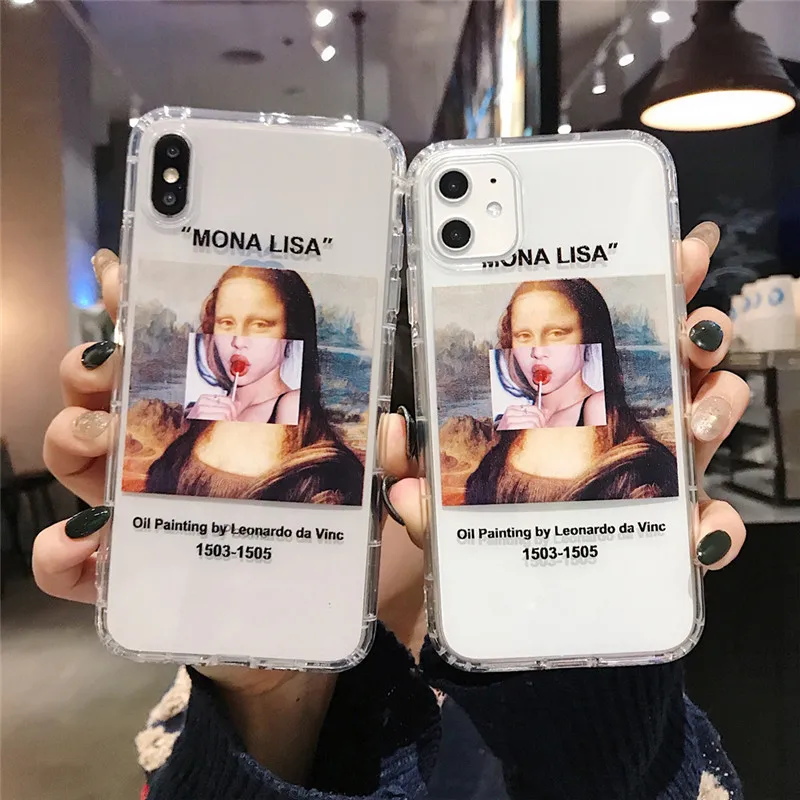 

Fashion Art Mona Lisa Spoof Lollipop Transparent case for iphone 6s 7 8 plus 11 Pro X XSMAX XR soft silicone luxury street cover