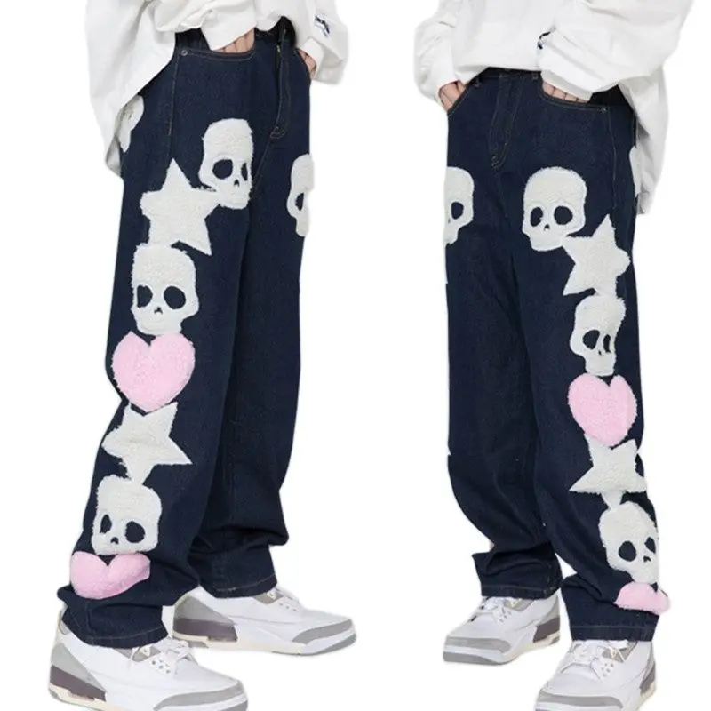 2021 Korean Fashion Skull Towel Embroidery Straight Men Hip Hop Jeans Pants Black Women Casual Denim Trousers Pantaloni Uomo