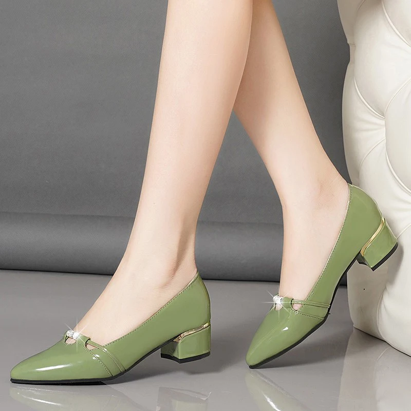 

Rimocy Patent Leather Pointed Toe Pumps Women 2021 Shiny Crystal Low Heel Shoes for Woman Green Shallow Slip on Loafers Ladies
