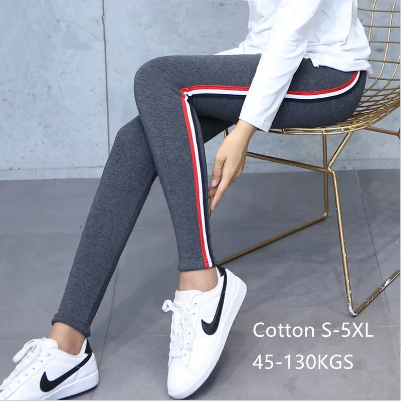 

High Quality Cotton Leggings Side Stripes Women Casual Legging Pants High Waist Fitness Leggings Plump Female