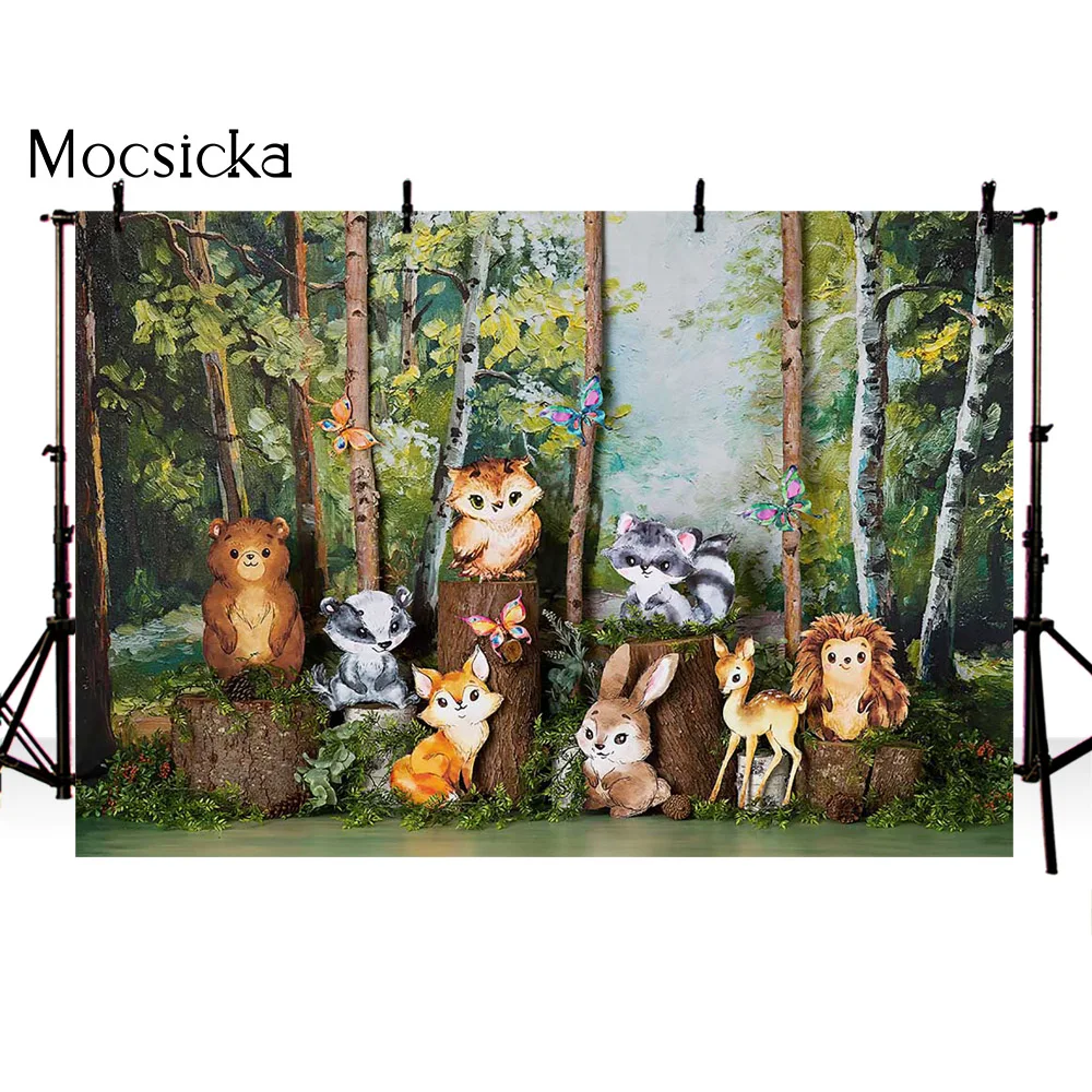 Woodland Safari Jungle Animals Portrait Newborn Kids Photo Background Oil Painting Forest Wall Backdrop for Photography Props |