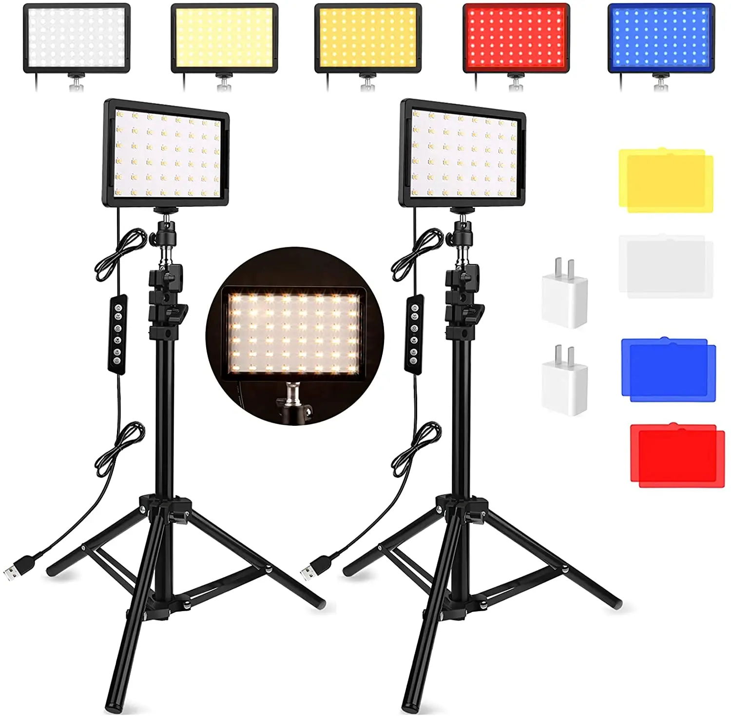 

Unicucp 2 Packs 96 Dimmable 2400-6800K Bi-Color LED Video Light 11 Brightness 97 CRI with Adjustable Tripod Stand/4 Color