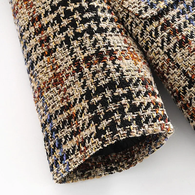 

Artsnie Winter Vintage Plaid Blazer Women Notched Long Sleeve Double Breasted Trench Coats Streetwear Oversized Ladies Blazers