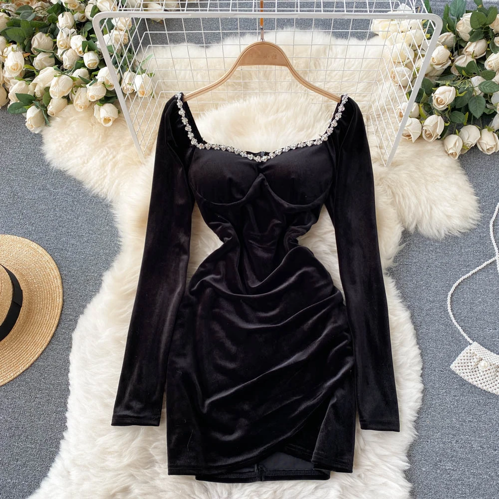 

Женское бархатное платье с квадратным вырезом, черное винтажное облегающее платье мини с длинным рукавом и высокой талией, осень