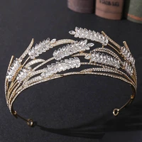 forseven luxury crystal wheat shape crown handmade gold color bride wedding tiara rhinestone headpiece women hair accessory jl