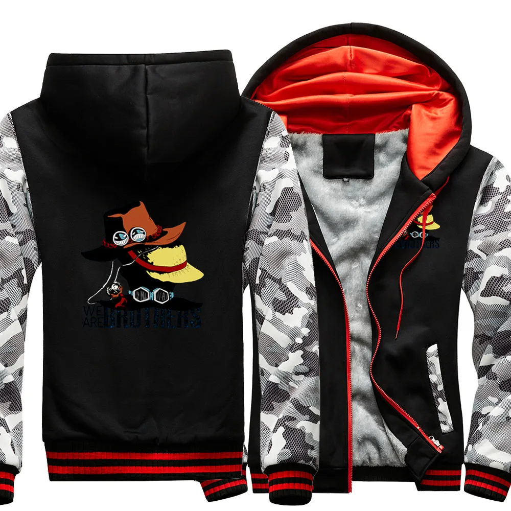 

One Piece Japanese Anime We Are Brothers Casual Raglan Thick Hoodies Winter Warm Print Sweatshirts Top Men Fitted Coat Jackets