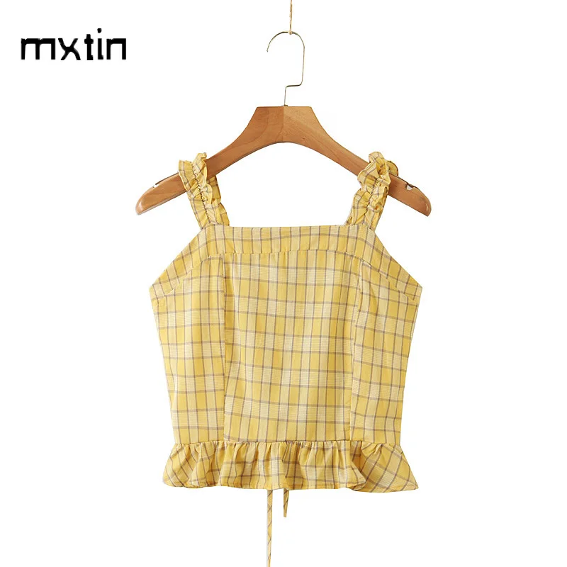 

Женские пикантные Модные клетчатые укороченные майки с оборками, винтажные женские майки на застежке-молнии сбоку с бантом сзади, 2021