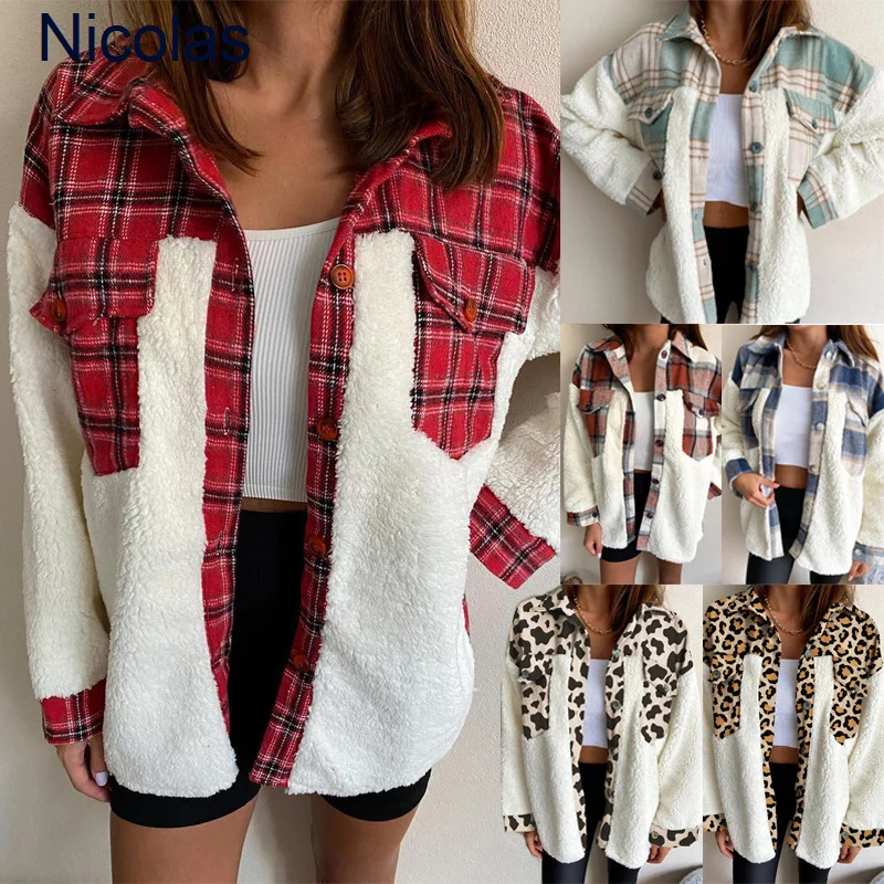 

Новинка 2021, теплый плюшевый кардиган с леопардовым принтом в клетку, с длинным рукавом, пальто на осень и зиму