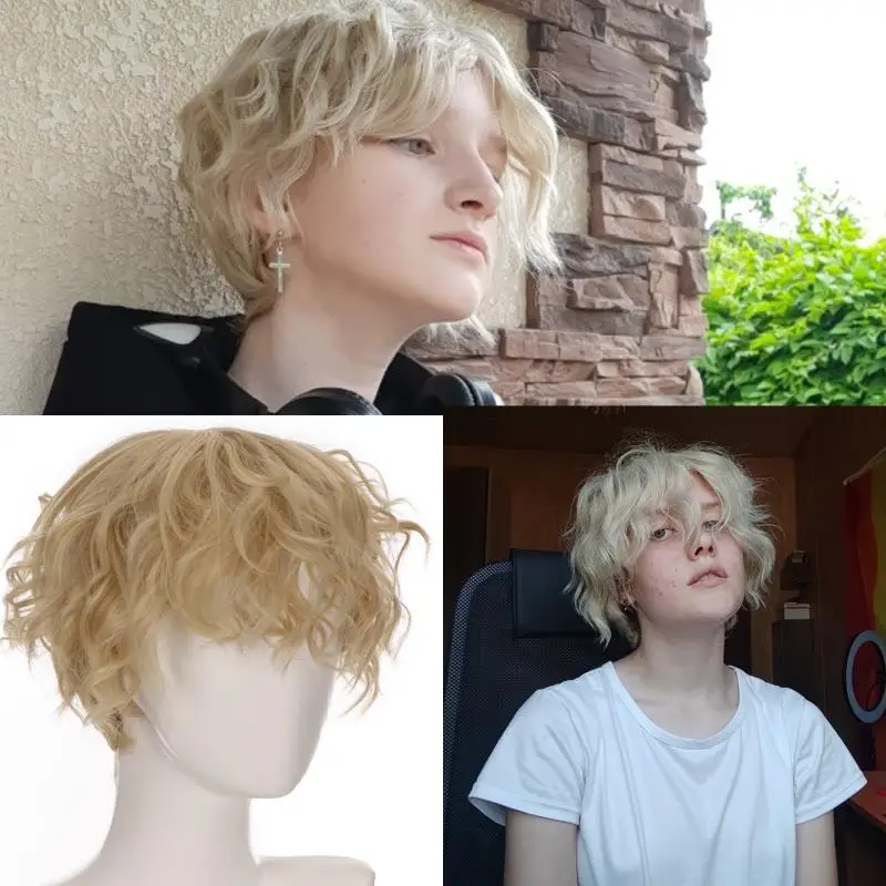 

Short Curly Synthetic Hair Wigs For Men Boy Costume Cosplay Party Natural Black Heat Resistant Fake Hair
