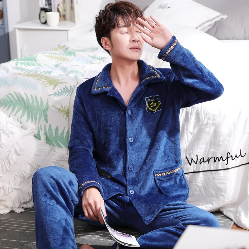 Осенне-зимняя мужская Толстая Фланелевая пижама костюм из двух предметов с