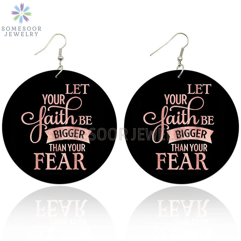 

SOMESOOR Both Sides Printed Inspire Black Sayings Wooden Drop Earrings Fear Let Faith Bigger Writings Art Loops For Women Gifts