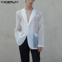 leisure see through sexy party suit incerun 2021 fashion men mesh blazers long sleeve transparent coats summer man casual blazer