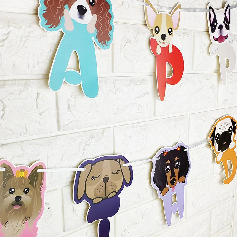 Cartoon cute animal banner bunting dog cat kitten with hat pull flag paper garland children birthday party decoration | Дом и сад