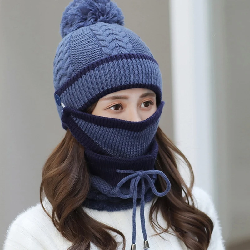 

Women Winter 4Pcs Beanie Hat Scarf Face Mask Touch Screen Gloves Set Plush Lined Knit Pompom Skull Cap Neck Warmer