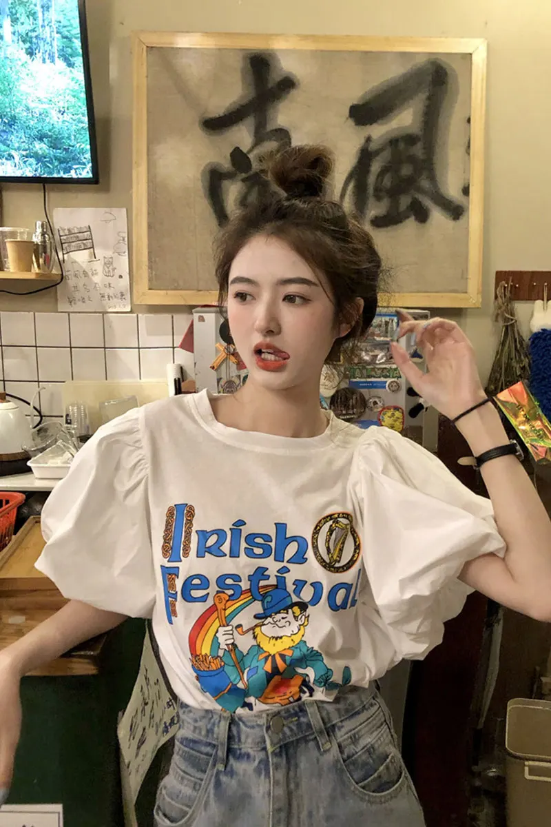

Cartoon Short Sleeve T-shirt for Women 2021 Summer Sweet Puff Sleeve Tshirt Loose Fashion All-match Top Korean Style Casual Tee