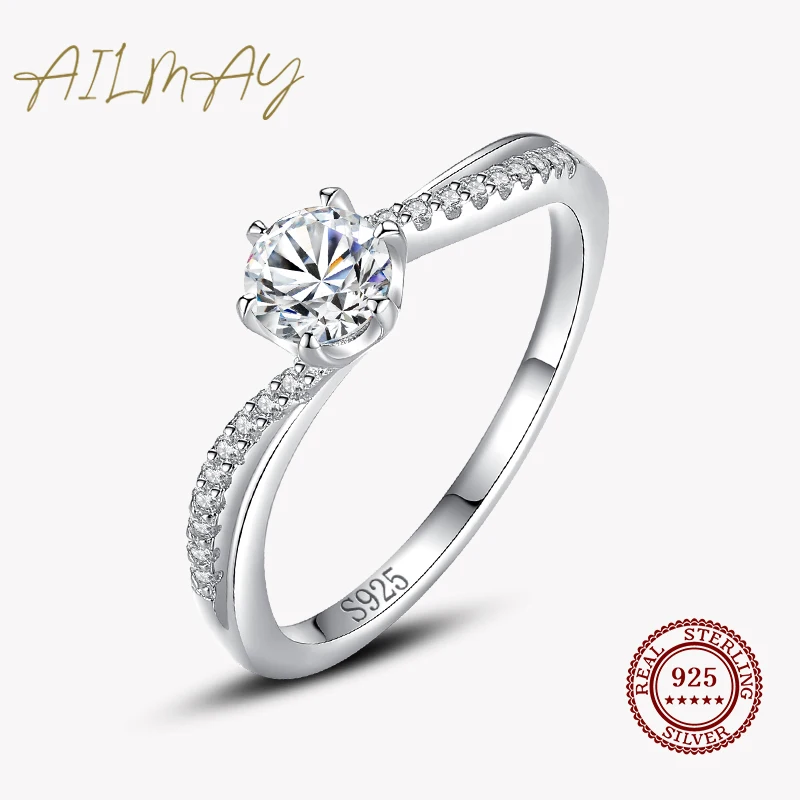 Ailmay Dazzling Sparkling Engagement Finger Rings Authentic 925 Sterling Silver Clear Zircon Rings Fine Female Fashion Jewelry
