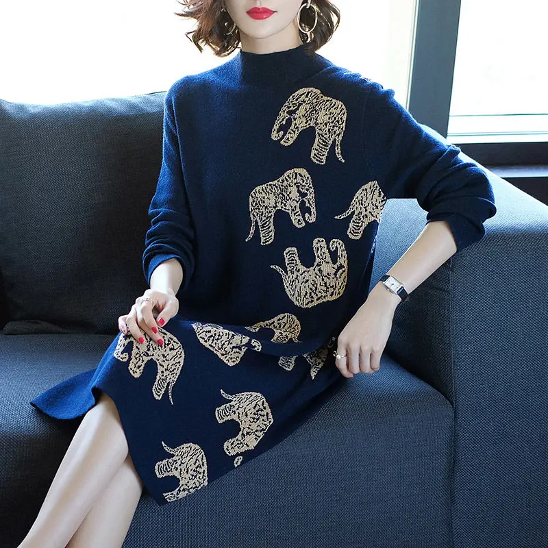 

Knitted Sweater Dress For Women Turtleneck Ladies Dresses Casual Vestidos De Fiesta De Noche Loose Vestido Longo Vintage Dress