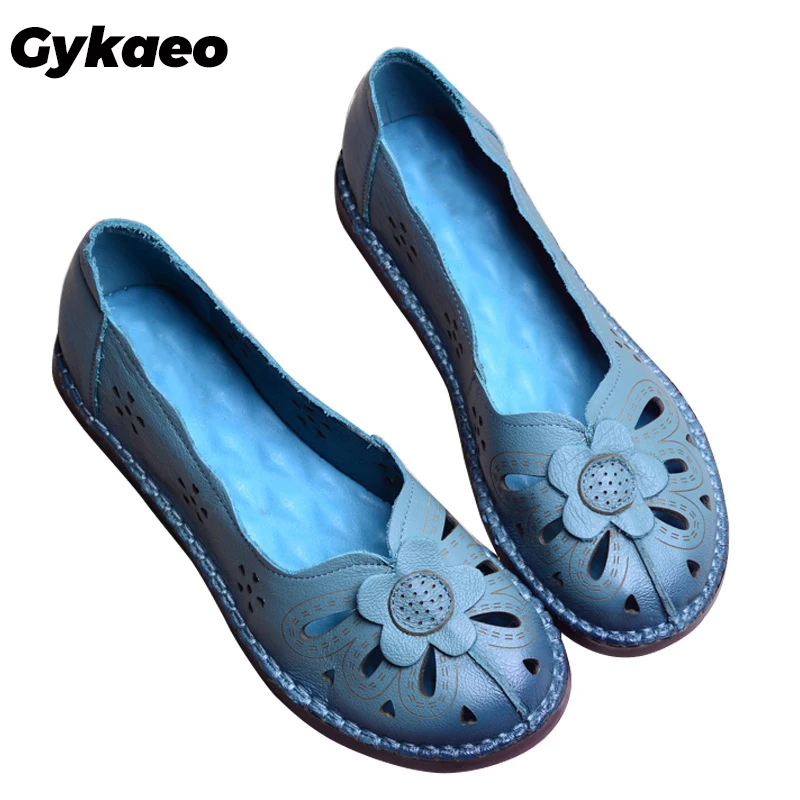 Gykaeo/ г.; весенняя обувь из натуральной кожи для мам; женские мягкие оксфорды на плоской подошве без шнуровки; обувь из воловьей кожи с перфорацией и цветочным узором; Zapatos De Mujer