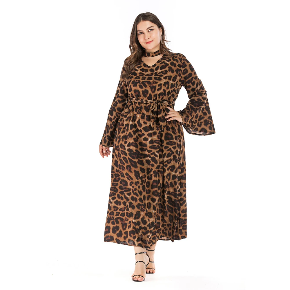 

Sexy Leopard Long Dress Pluz Size Women Autumn New Fashion Elegant V-neck Long Batwing Sleeve Floor-length Dress Robe for Party
