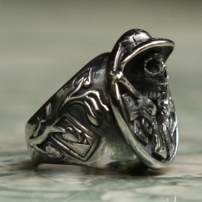 Vintage Huge Heavy Cool Skull Ring 316L Stainless Steel Double Guns Big Male Gothic Punk Biker Jewelry Size 8-14 | Украшения и