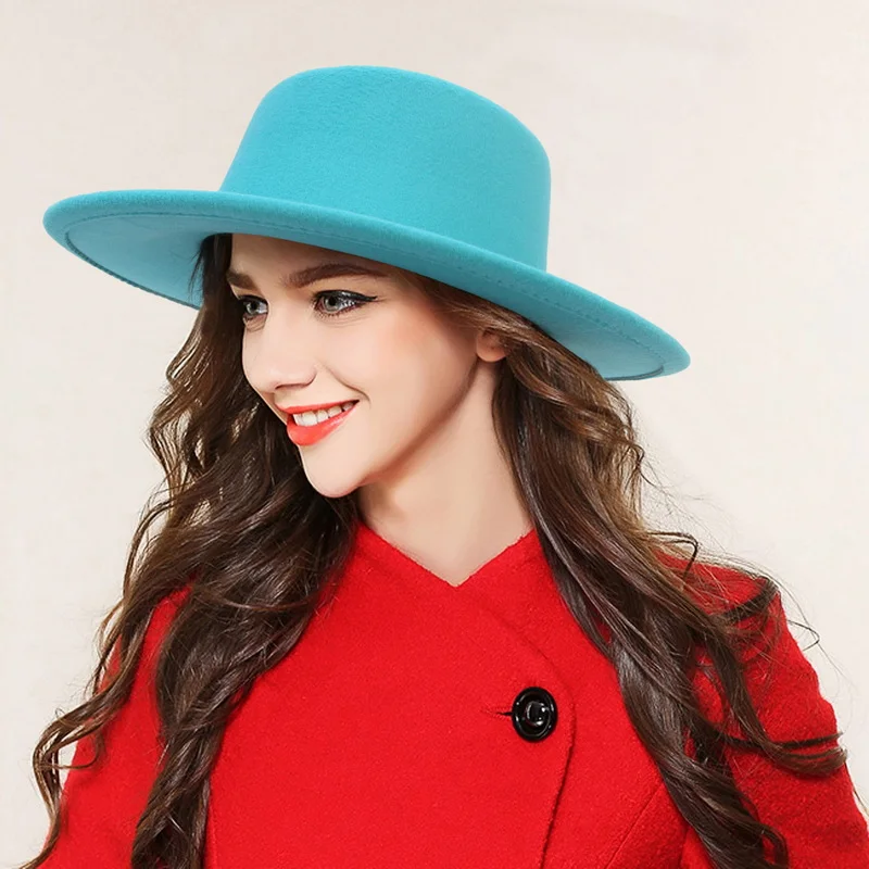 

Women Hat Classic Solid Color Top Hat Pork Pie Fedoras Hats Female Men Wide Brim Flat Top Jazz Cap Party Accessories