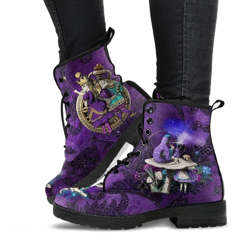 

Retro Street Style Women's Platform Square Heel Ankle Boots Autumn Winter Fashion Mixed Color Cartoon Floral Print Martin Boots