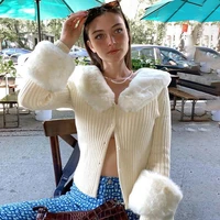 winter knitted cardigan sweater women pullover sexy furry collar elegant blouse long sleeved slim casual white cardigan