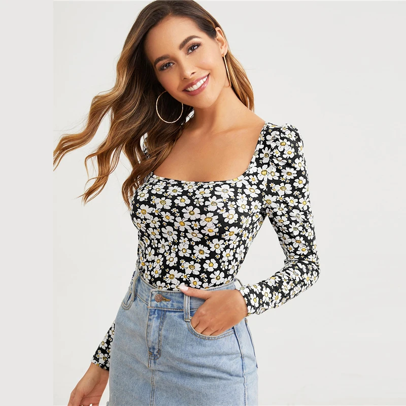 SHEIN, квадратная горловина, Маргаритка, цветочный принт, облегающая футболка, женские топы, осенняя элегантная Офисная Женская футболка с длинными рукавами