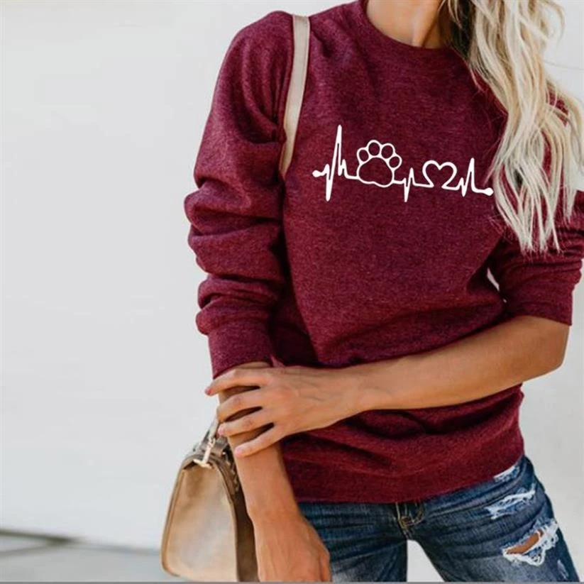 

Dog Paw Animal Print Hoodies For Women Crew Neck Sweatshirts Femmes Tops Hoodies Cute Girls Loose Pockets Comfortable Plus Size