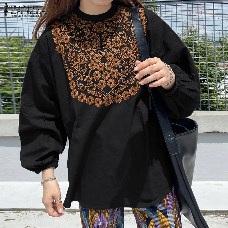 

Spring Full Lantern Sleeve Chemise Women Casual Floral Embroidery Blouse ZANZEA Vintage Bohemian Shirt Female Oversize Party Top