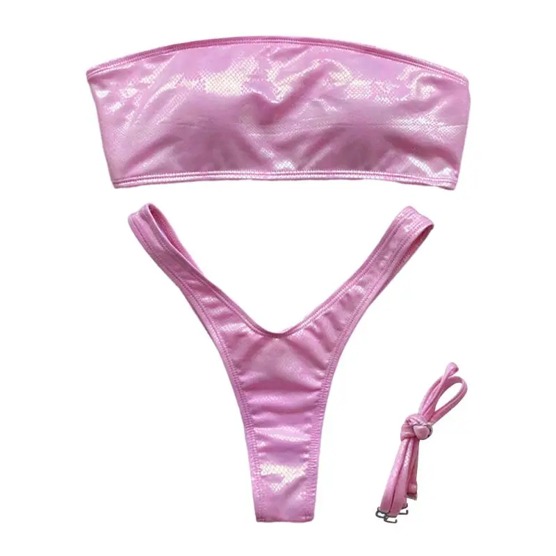 

Women Sexy Bikini Set Metallic Rainbow Snakeskin Swimsuit Bandeau Bathing Suit