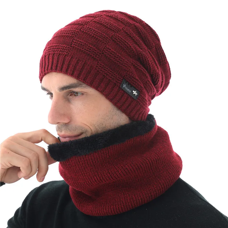 hat scarf set wine Зимняя шапка Xthree, шерстяные шапочки, вязаная шапка, шарф с подкладкой, мужские шапочки, зимние шапки для мужчин, шапочки, шапки - Цвет: hat scarf set wine