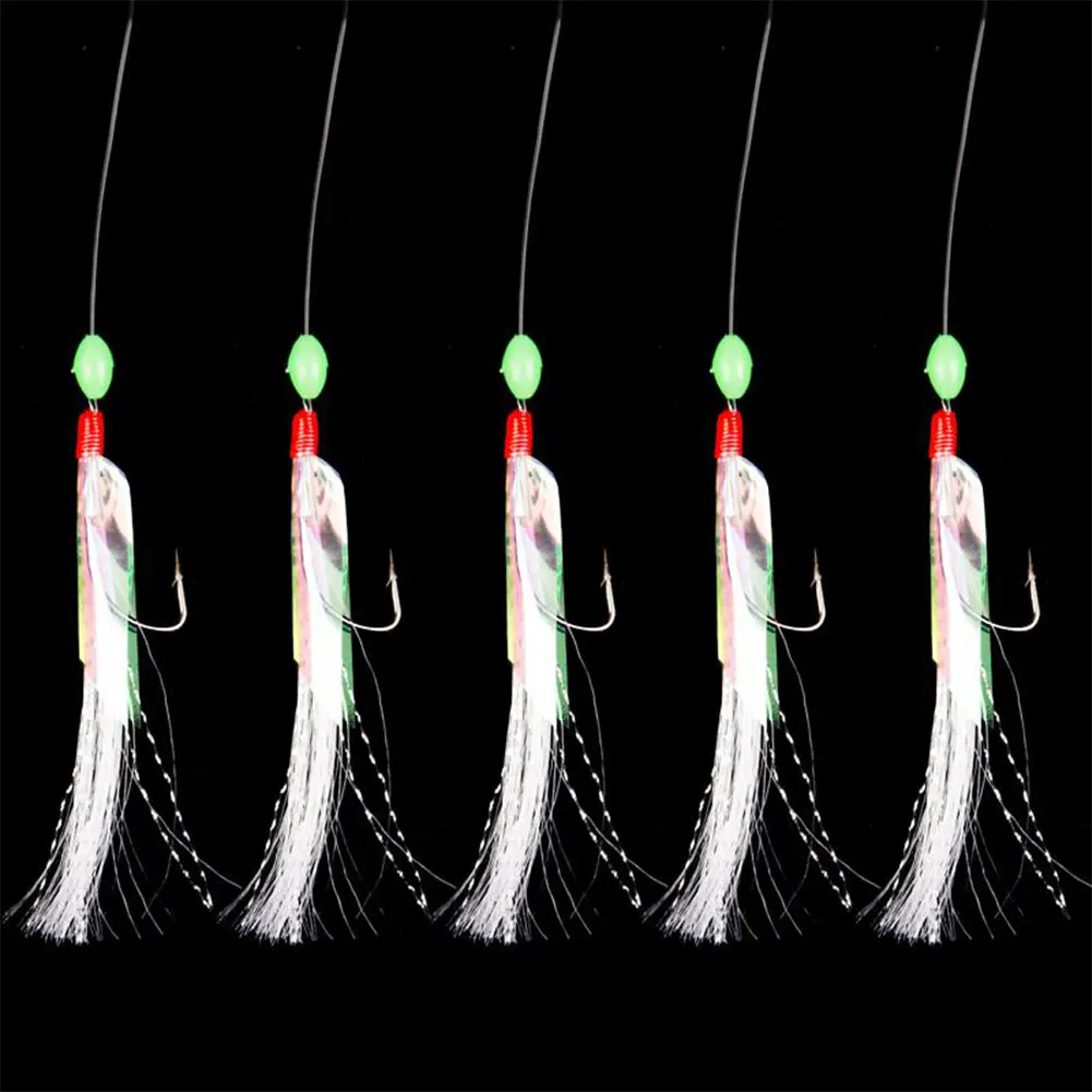 

5Pcs/Set High Quality Carbon Steel Mackerel Feathers Bass Cod Lure Sea Fishing Reflective Fishing Hook Treble Bait Fishing Wire