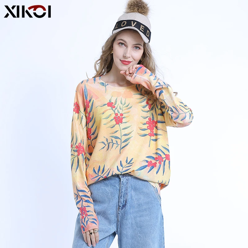 Женский вязаный пуловер оверсайз свободные зимние свитера с цветочным принтом