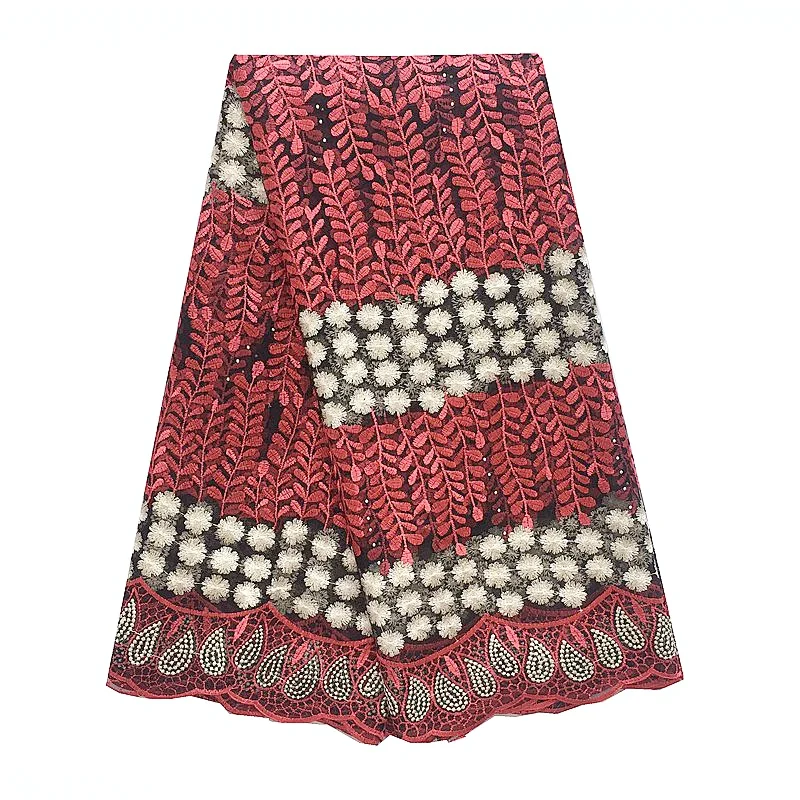 

Latest African Laces 2019 High Quality Embroidered Wedding Lace Netting Fabric with Stones 5 Yard Red French Korean Lace Fabric