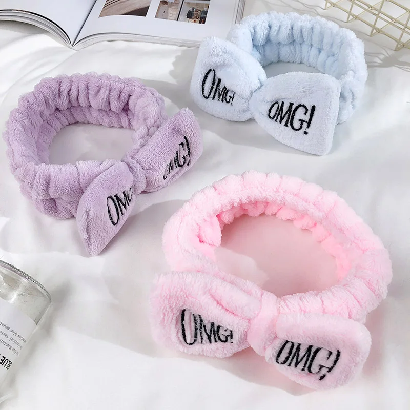 

2021 New Colorful OMG Letter Coral Fleece Wash Face Bow Hairbands For Women Girls Headwear Hair Bands Turban Hair Accessories