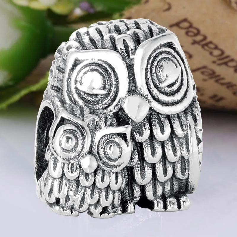 

New 925 Sterling Silver Animal Charm Vintage A Cute Parent Owl And Its Owlet Bead Fit Original Bracelet Necklace DIY Jewelry