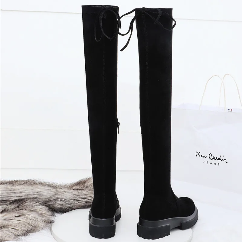 Женские ботфорты MoonMeek сапоги из флока с круглым носком и замши высокие на плоской