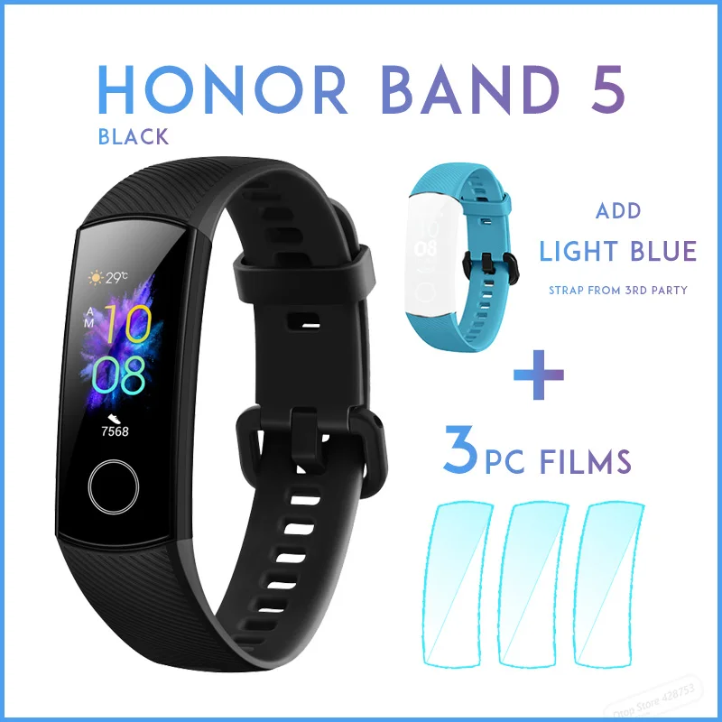 black add light BLU Умный Браслет huawei Honor Band 5, Оксиметр, волшебный цвет, сенсорный экран, для плавания, для обнаружения сердечного ритма, сна, сна - Цвет: black add light BLU