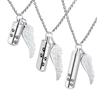pet cremation jewelry dog paw urn necklace for ashes with angel wing charm cylinder eternity stainless steel ashes necklace