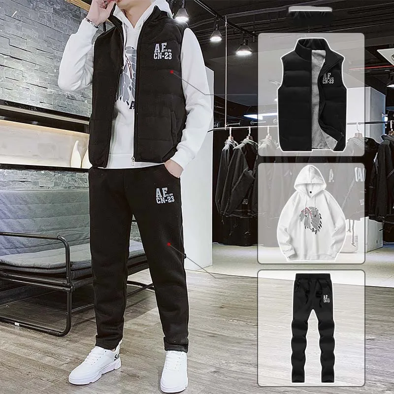 EBAIHUI Men's Tracksuits Casual Set 3 Pieces Warm Vest Sweatpants Hoodie Print Korean Fashion Slim Streetwear Jogger Casual Suit