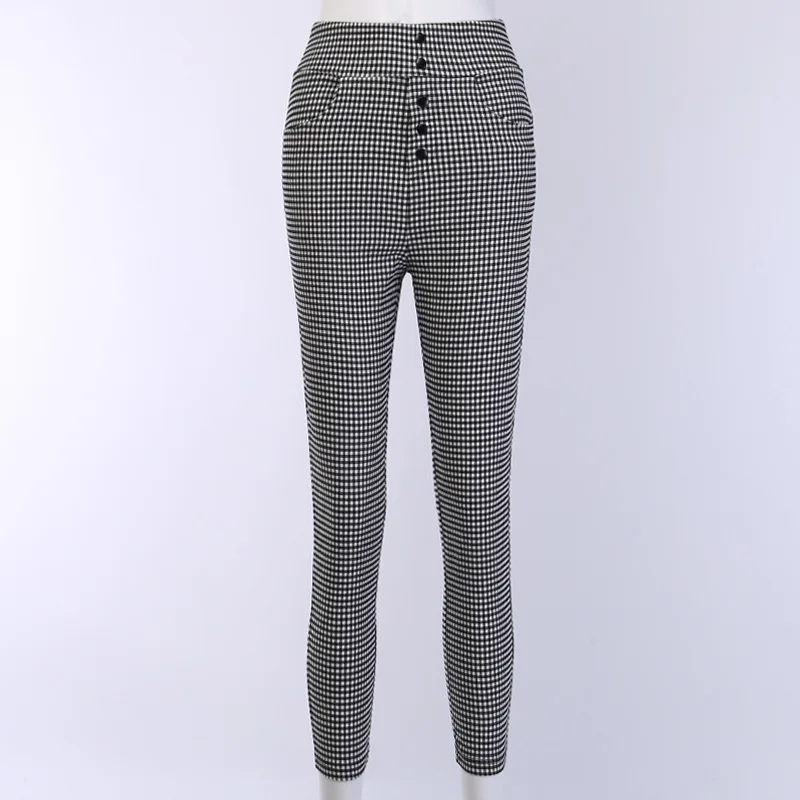 

2021 Autumn Elegant Trousers Women Casual Street Hot Pants Women Grey Plaid Button Pencil Pants Fashion Woman High Waist Pants